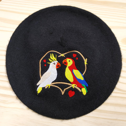 Love Birds Embroidered Beret Hat in Blue