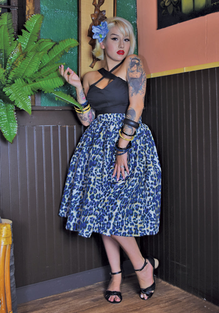 "Final Sale" Jungle Leopard Deluxe Beverly Gathered Skirt in Blue
