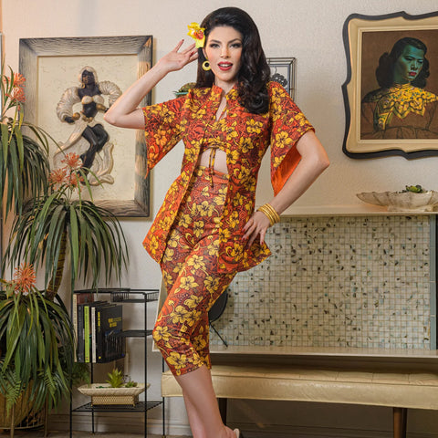 Cabana Set Button Down Shirt & Matching Shorts - Tiger Leaf print by Rockin Bettie (Limited Stock)