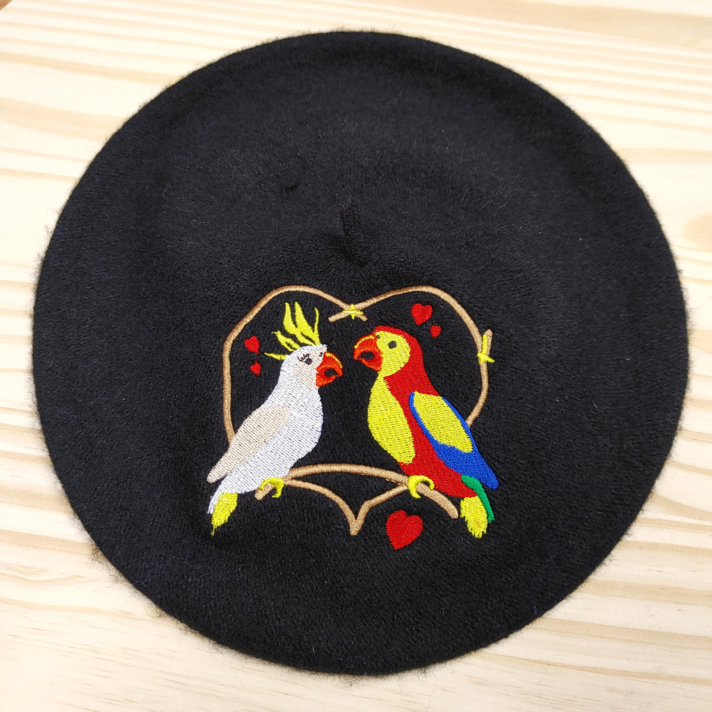 Love Birds Embroidered Beret Hat in Black