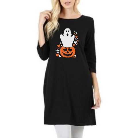 Happy Haunted Place Long Sleeve Tunic Dress with Pockets in Hunter Green