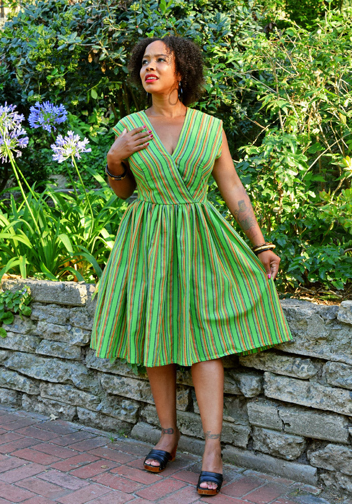 "Final Sale" Lurex Serape Stripes Jolene Patio Dress in Green