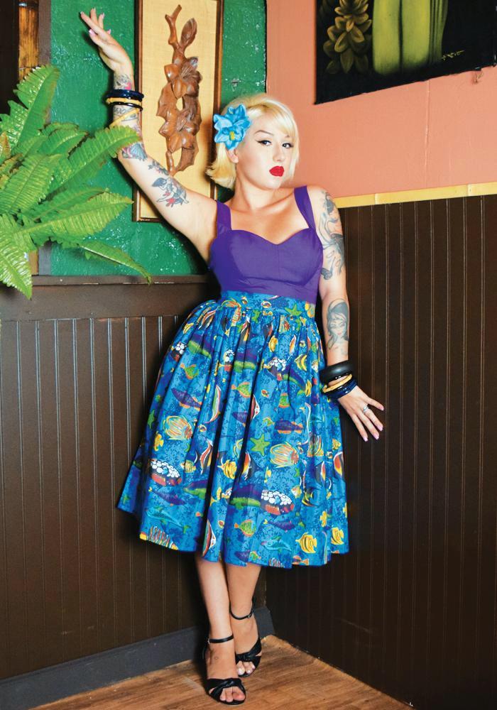 "Final Sale" Tropical Fish Deluxe Beverly Gathered Skirt in Royal Blue