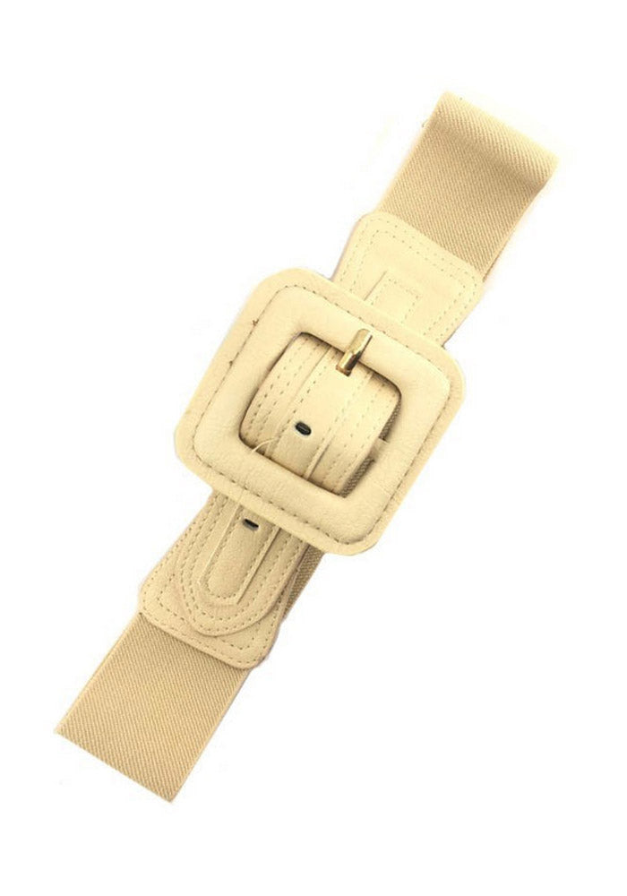 Square Skinny Faux Leather Elastic Cinch Belt, Ivory