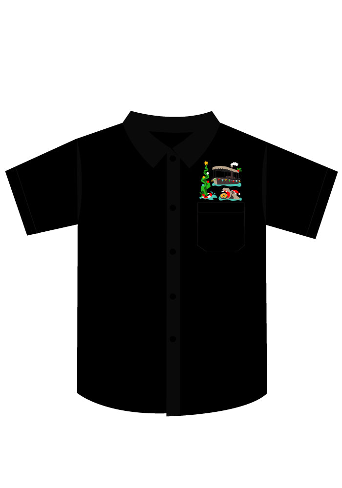 Slim Fit Jingle Cruise Holiday Embroidered Button-Up Safari Shirt in Black
