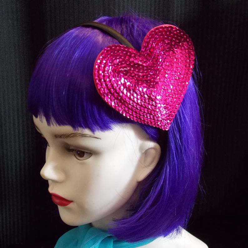 Large Pink Sparkling Sequin Valentines Day Heart Headband Fascinator